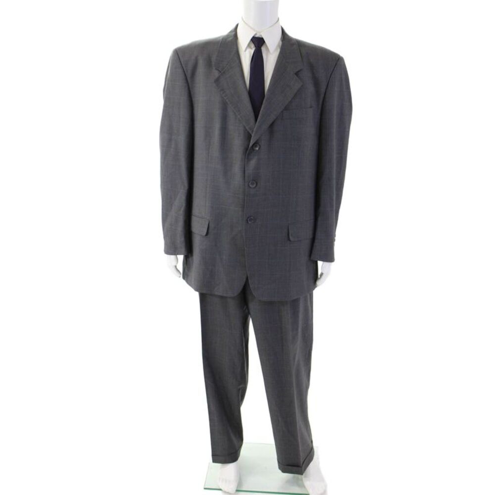 Ferretti Uomo Mens 2 Piece Dark Gray Wool Check Suit Collared Button Size 46